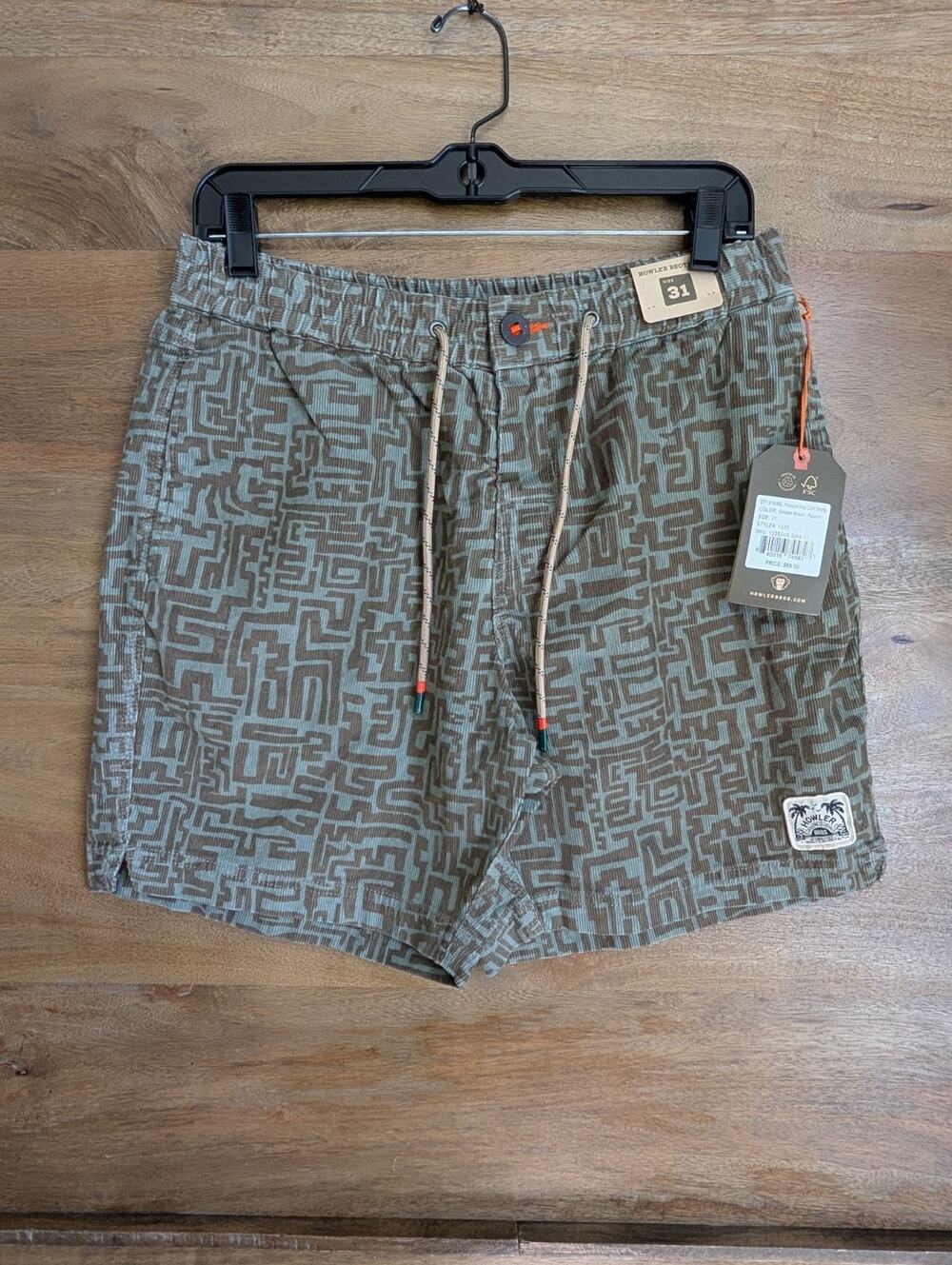 NWT Howler Bros Pressure Drop Cord Shorts Mens 31 Snake Maze Agave Drawstring